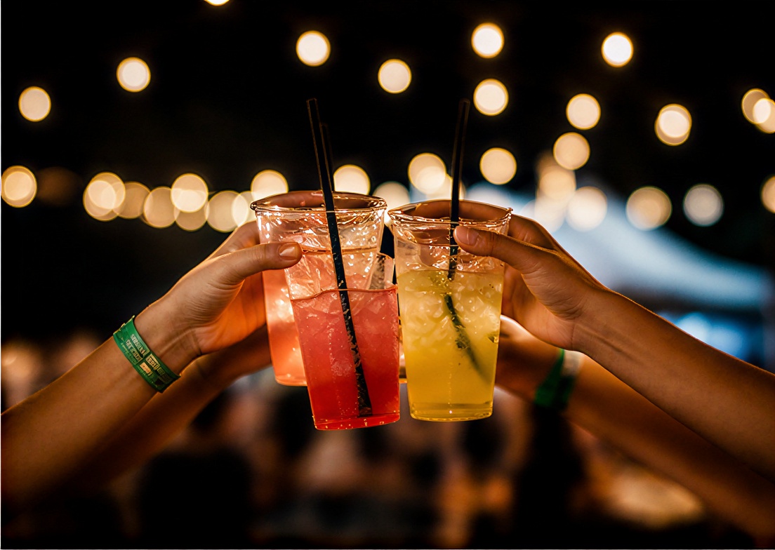 Friends toasting colorful cocktails under warm string lights at a festival