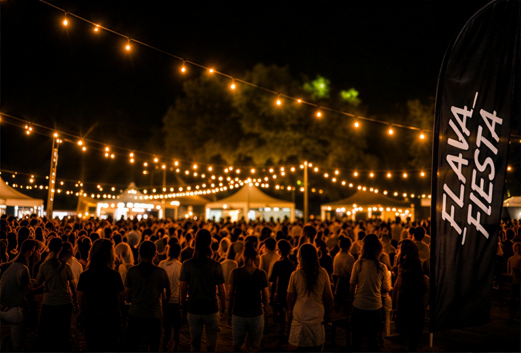 FLAVA FIESTA crowd gathered under warm string lights with branded flag banner