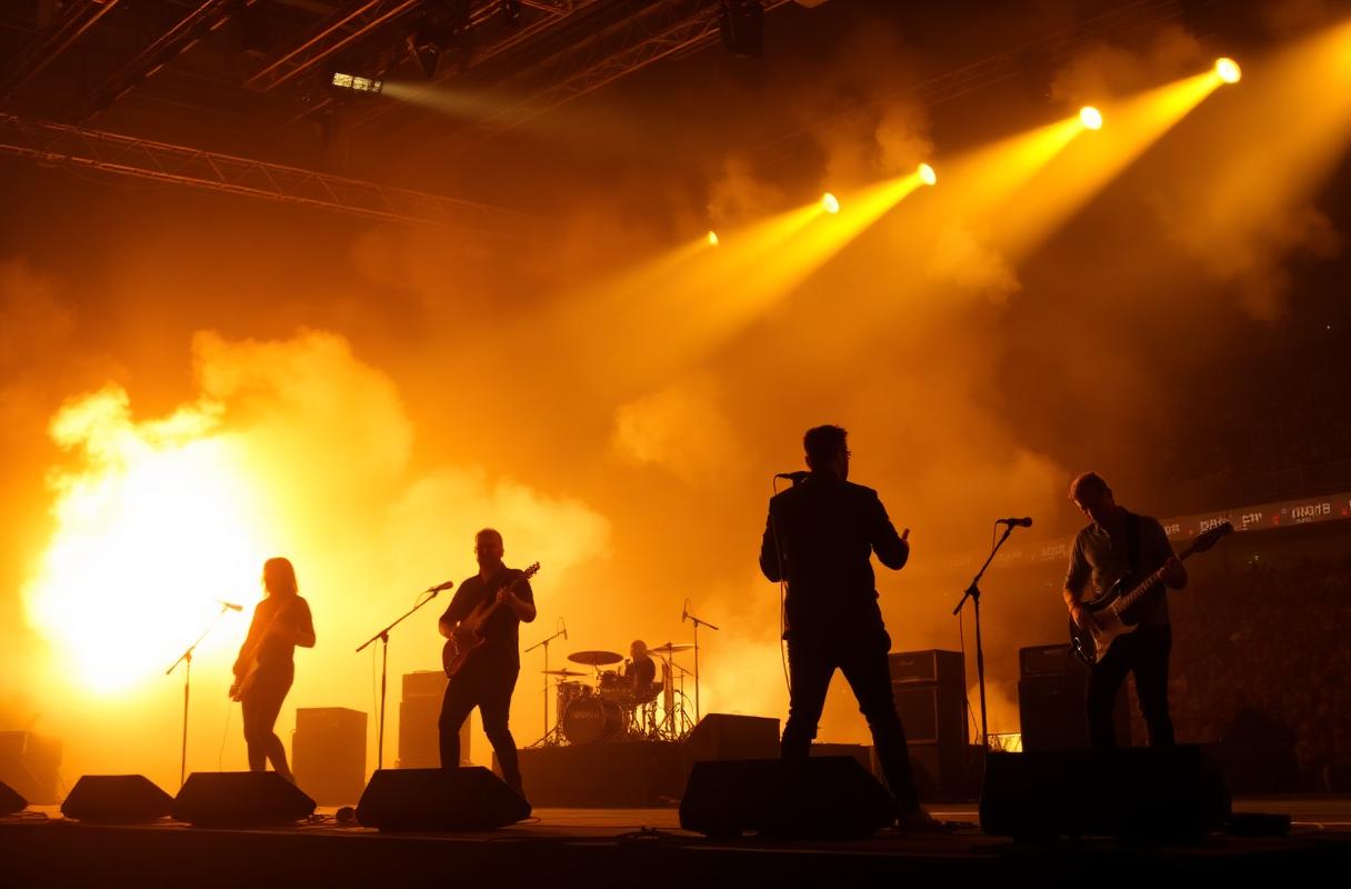 Live band performing in silhouette against bright stage lights