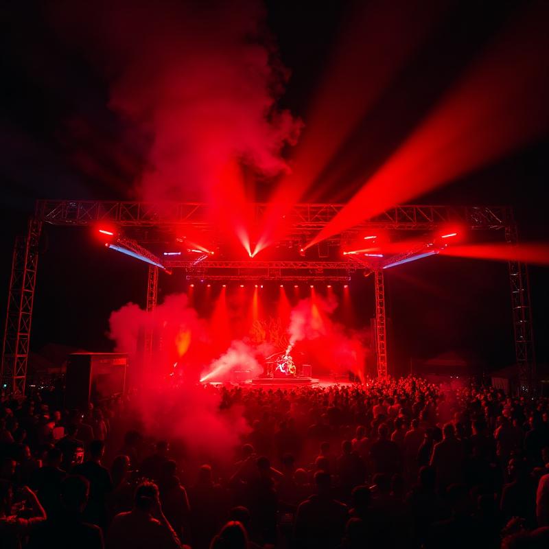 Outdoor festival stage lit with red and gold spotlights at night